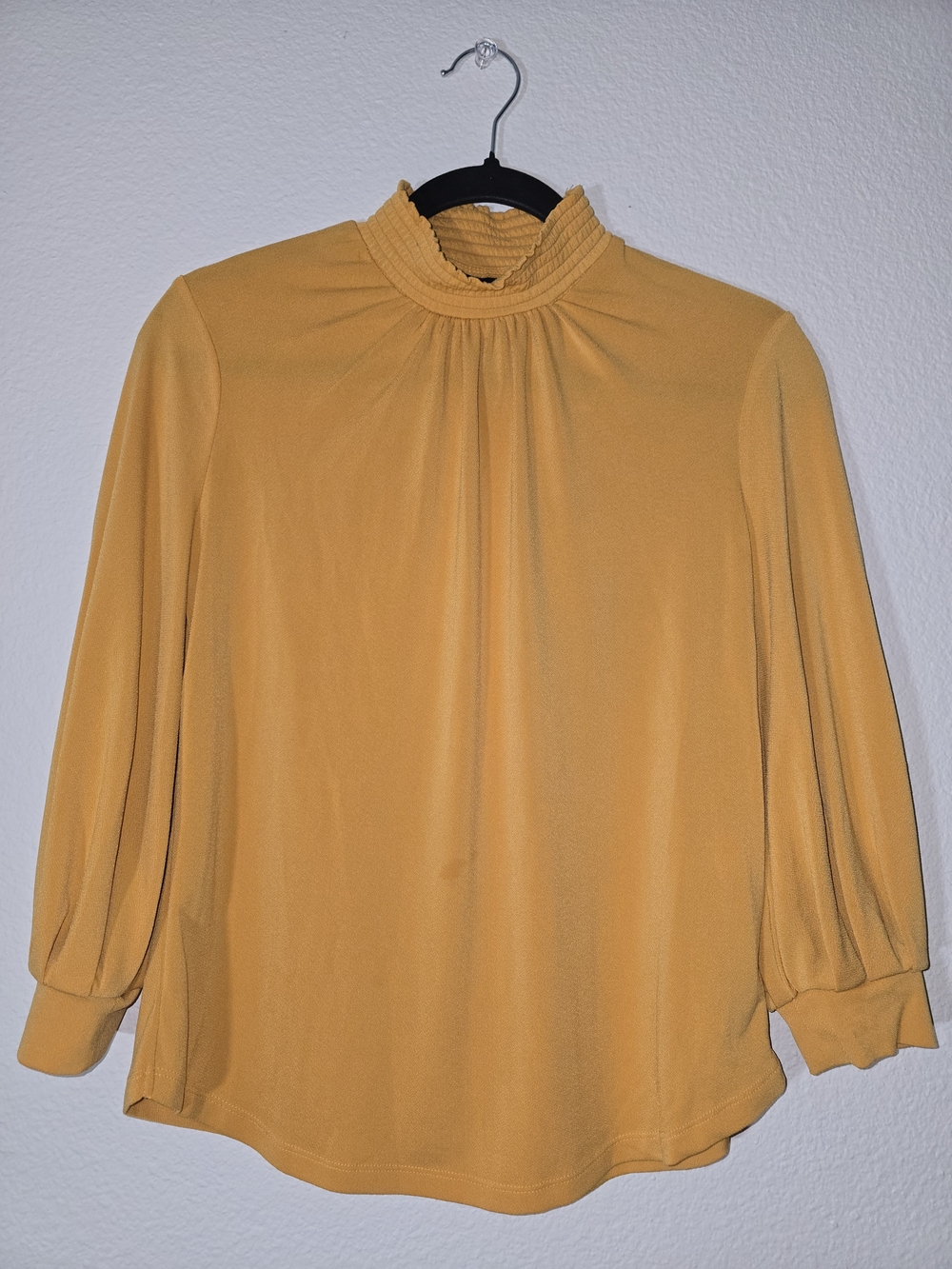 Smocked Mock-Neck Blouse in Mustard Yellow